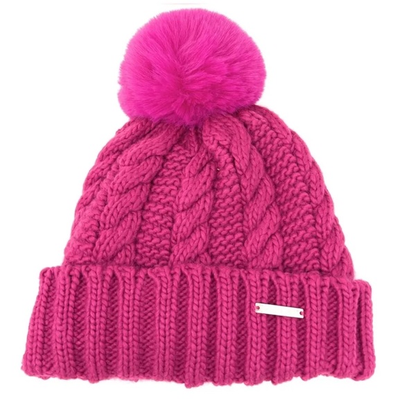 Michael Kors Cable Knit Faux Fur Pom Pom Hat in Pretty Pink 🩷❄️🩷 - Picture 2 of 7